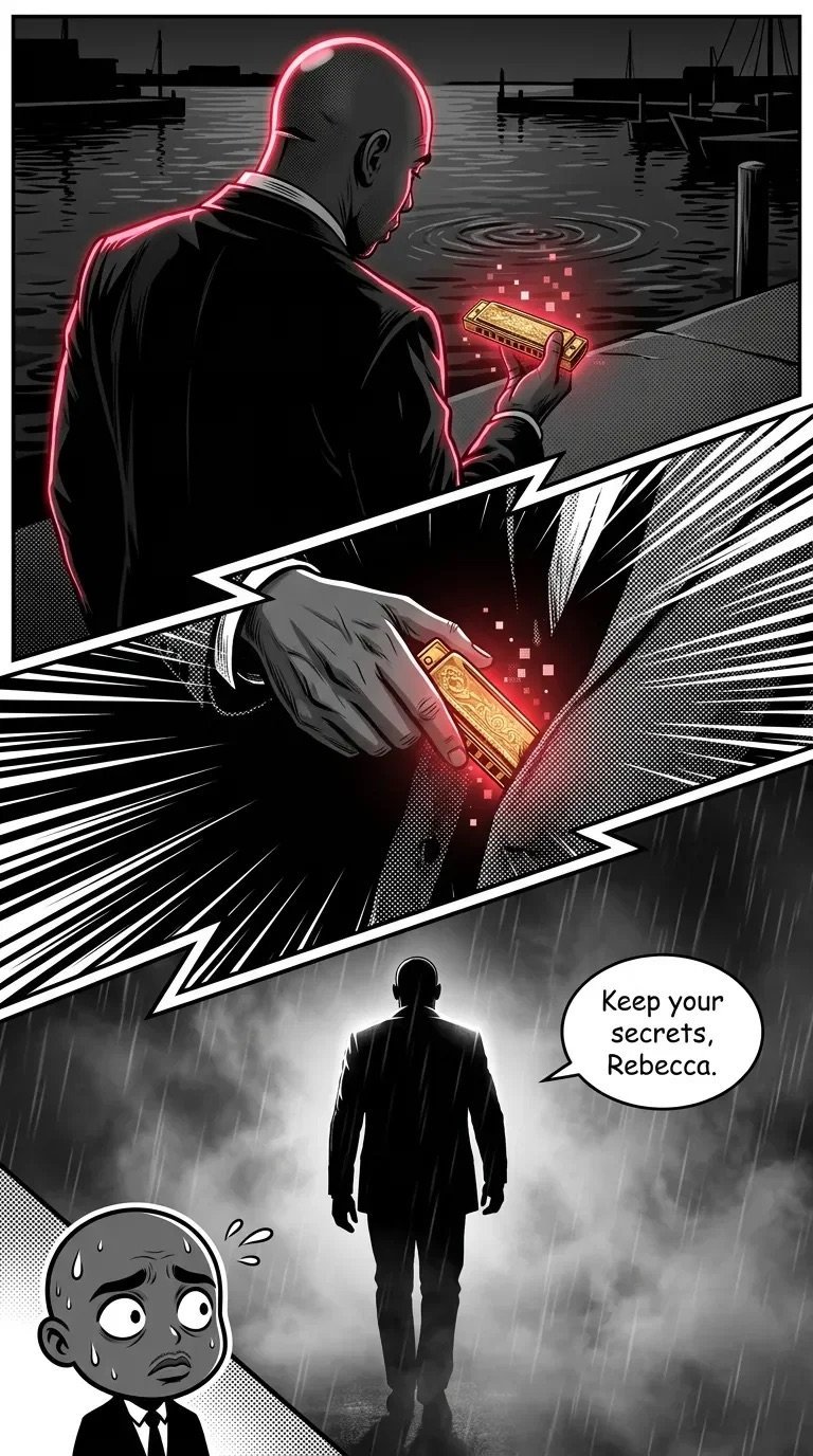 Noir-style comic panel showing a bald man in neon pink outline holding glowing cards by a dock, with a silhouette below saying Keep your secrets, Rebecca.