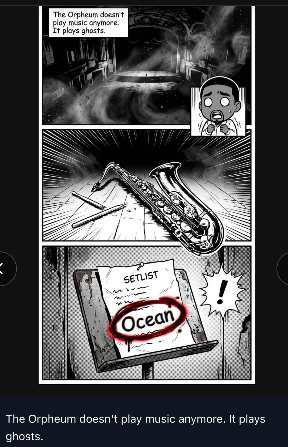 Black and white manga comic showing haunted Orpheum theater playing ghostly saxophone music instead of regular music, with setlist showing Ocean highlighted