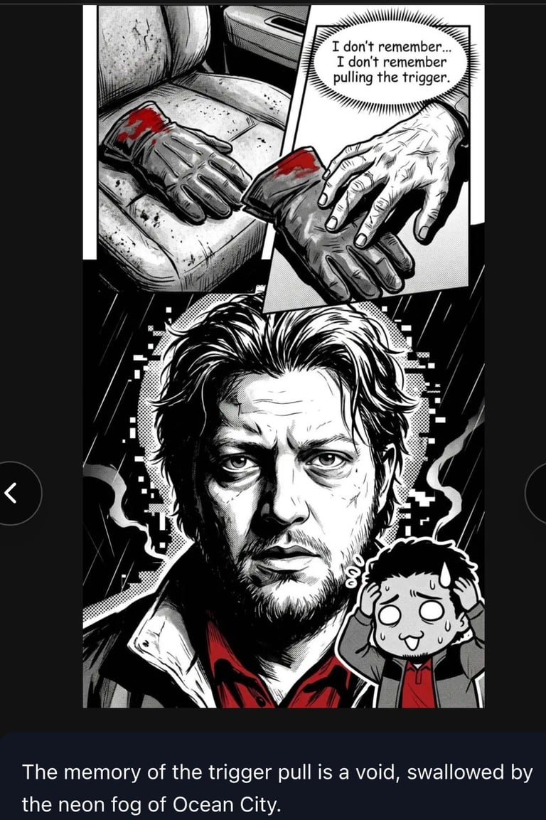 Black and white manga comic panel showing a mans face with hands covered in blood above, with dialogue about not remembering pulling a trigger