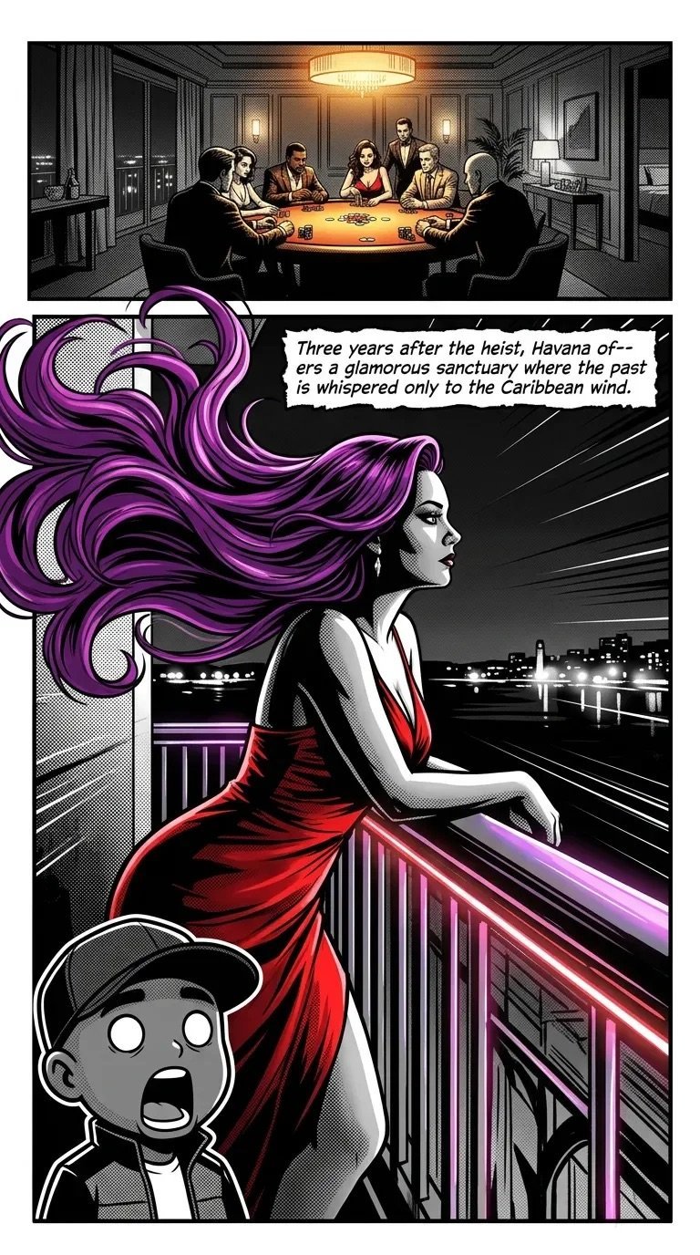Comic book scene showing a woman with flowing purple hair in a red dress overlooking a city at night, with a poker game and narrator above