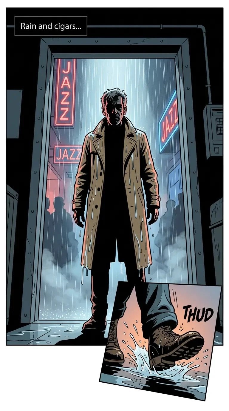Man in beige trench coat standing in doorway with neon jazz signs and rain, comic-style illustration