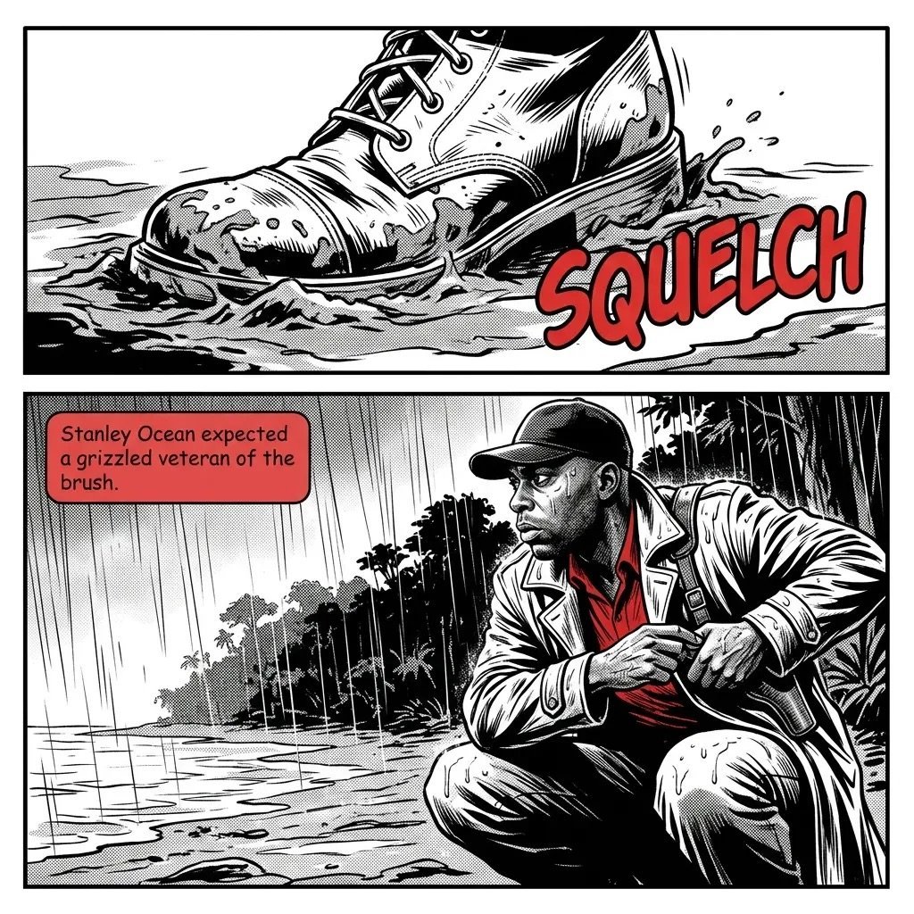 Comic panel showing a boot stepping in mud with SQUELCH text, and a bearded man in rain looking disappointed about a grizzled veterans brush