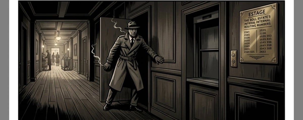 Film noir style illustration of a detective in a fedora and coat standing in a dark hallway with wooden doors and vintage signage
