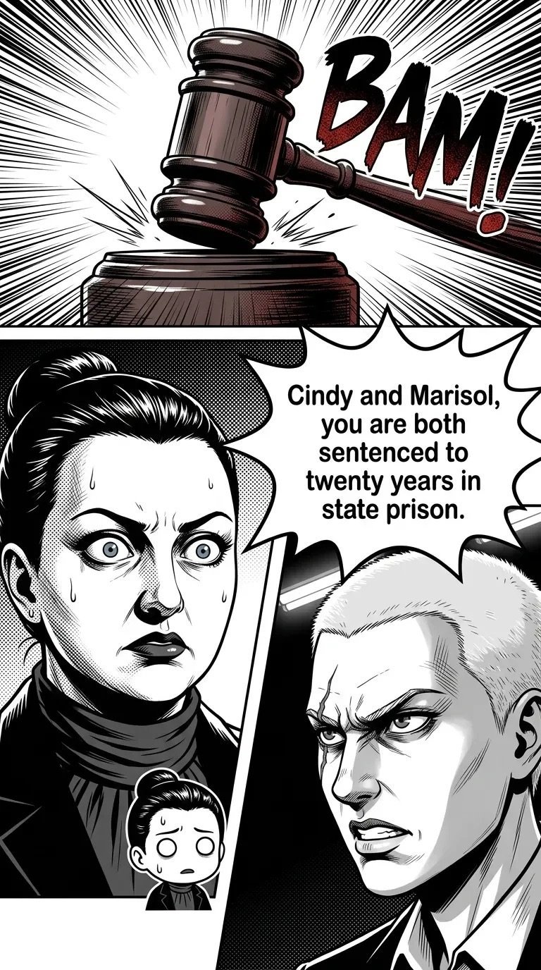 Comic panel showing a judges gavel slamming with BAM effect, sentencing Cindy and Marisol to twenty years in prison