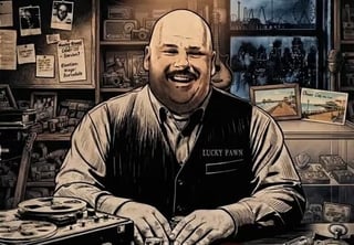 Smiling man with mustache in Lucky Pawn shirt sitting at desk surrounded by vintage photographs and memorabilia