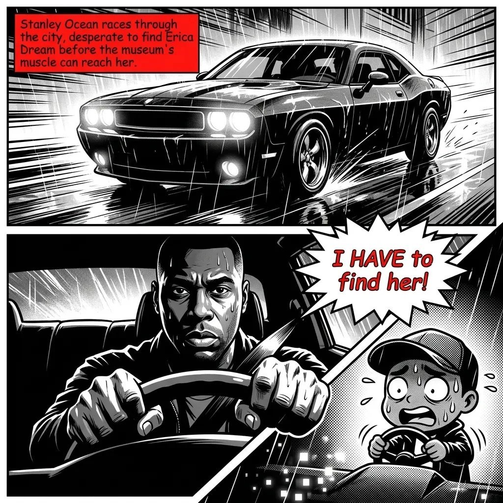Black and white comic panel showing man driving muscle car through city streets with determined expression, searching for someone named Erica