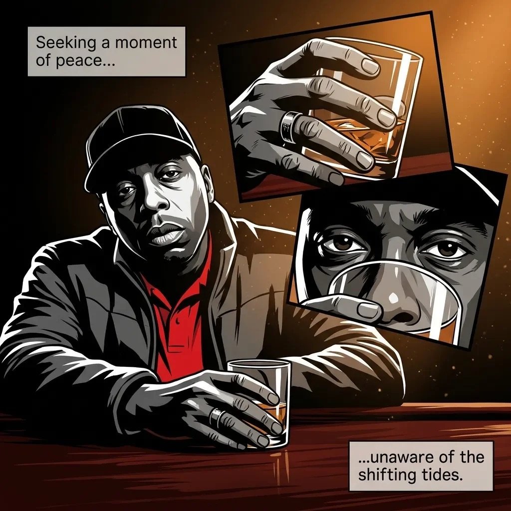 Man in cap sitting at table seeking peace, unaware of threatening faces above. Dark illustration with contrasting text captions