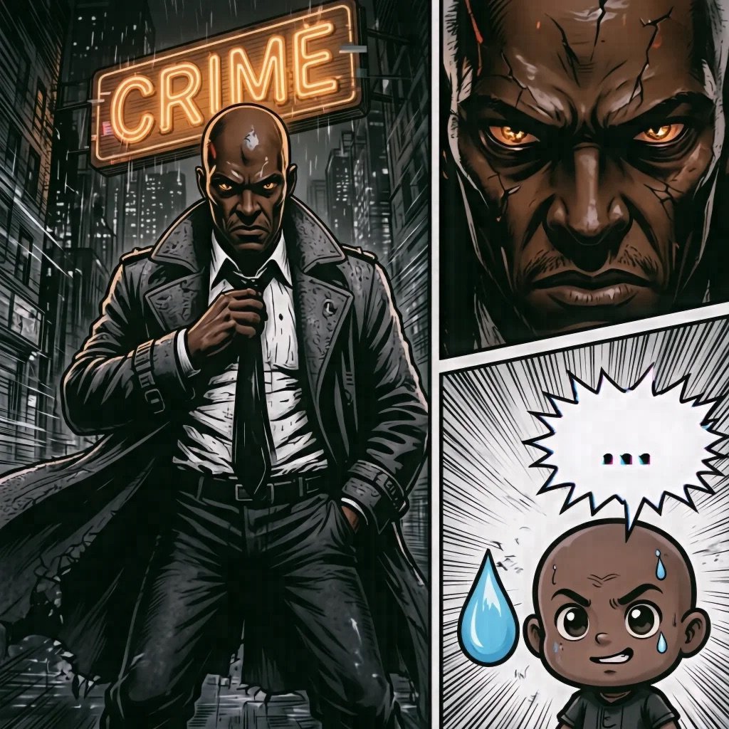 Comic-style illustration of a bald man in dark suit under neon CRIME sign, with close-up panels showing intense expression and chibi character design