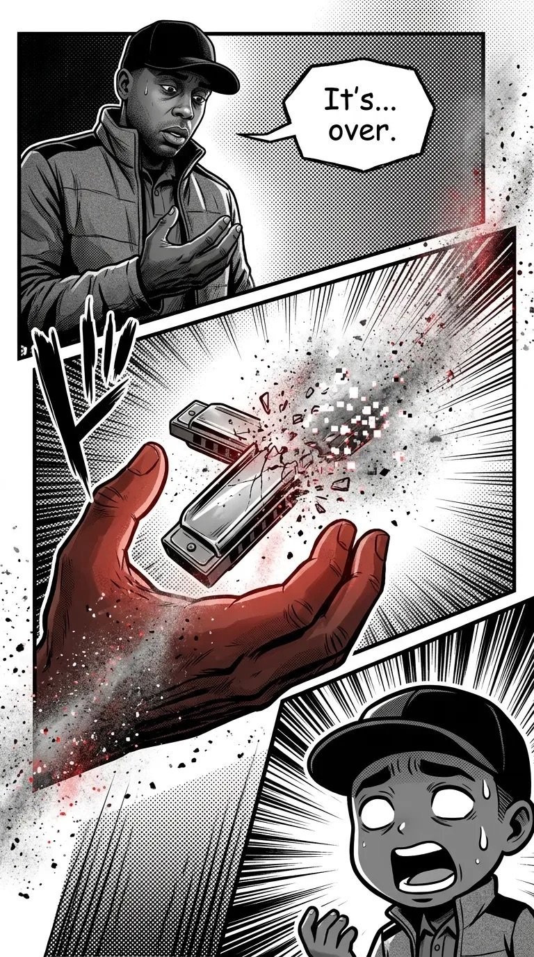Comic panel showing a man in a cap saying It's... over while a glowing red hand destroys a phone, with a shocked character below