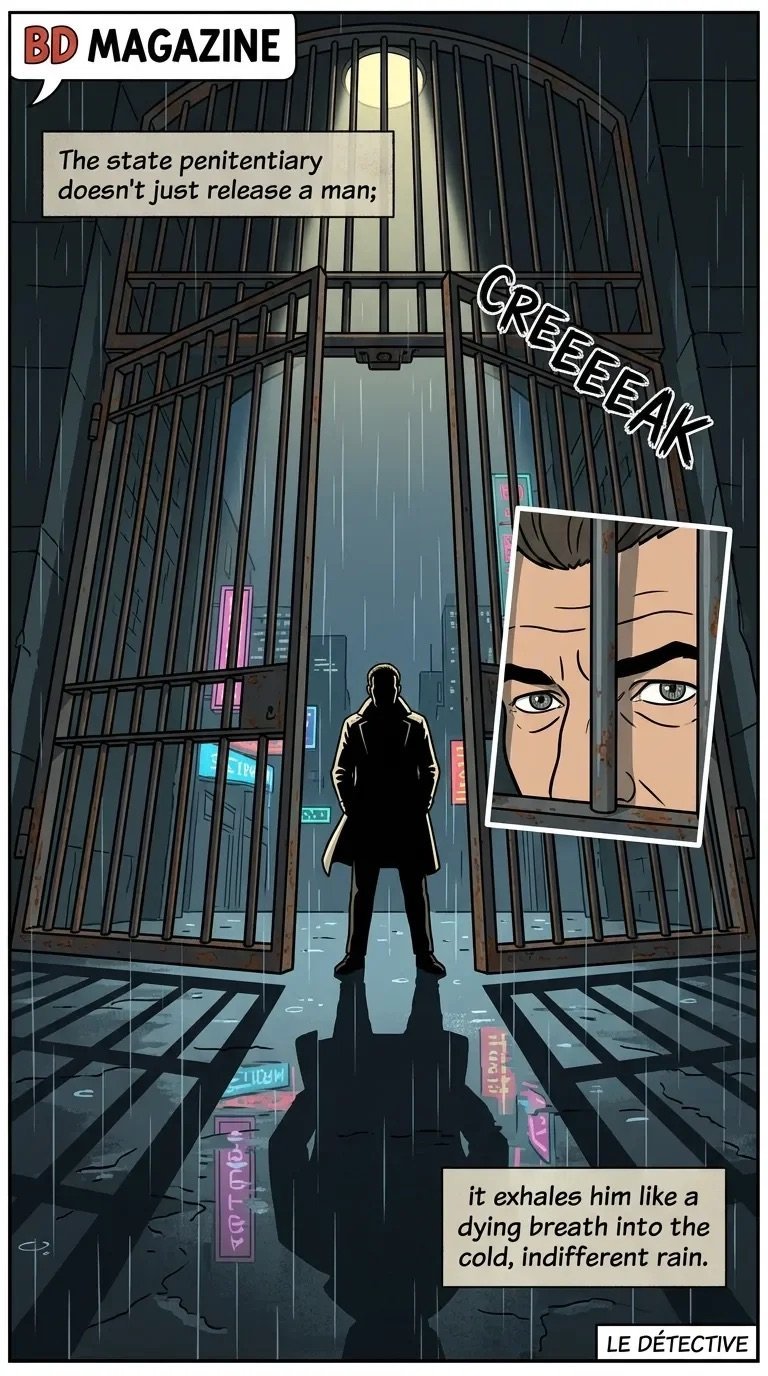 BD Magazine comic panel showing a silhouetted man standing before massive prison gates opening to a rainy city, with his face shown in a window frame and text about prison release