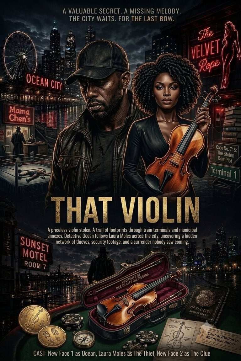 Movie poster for That Violin featuring a man and woman against a neon-lit Ocean City backdrop, with a violin and mystery plot elements below.