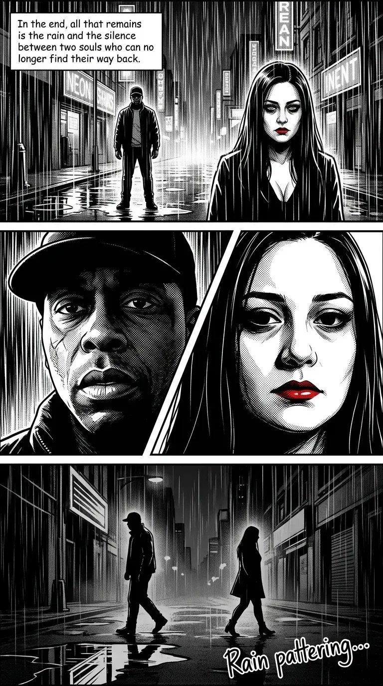 Film noir comic panel showing two people separated in a rainy city street with dialogue about lost souls and destiny