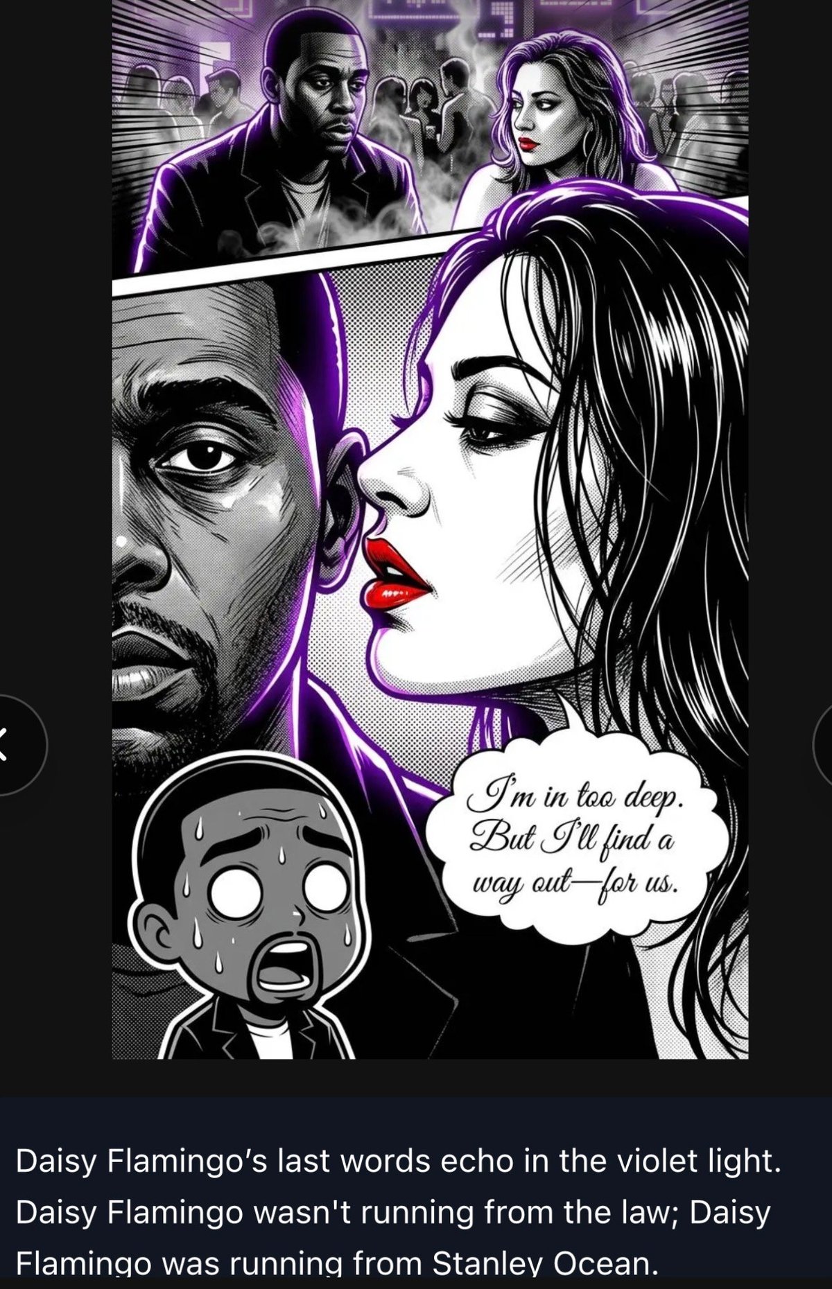 Comic-style illustration with purple neon lighting showing multiple characters and dialogue bubble reading Im in too deep. But Ill find a way out—for us.