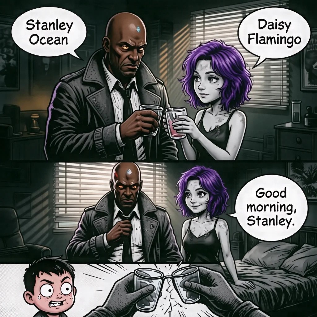 Meme showing a man and woman in bed introducing themselves as Stanley Ocean and Daisy Flamingo, with an angry child shown below
