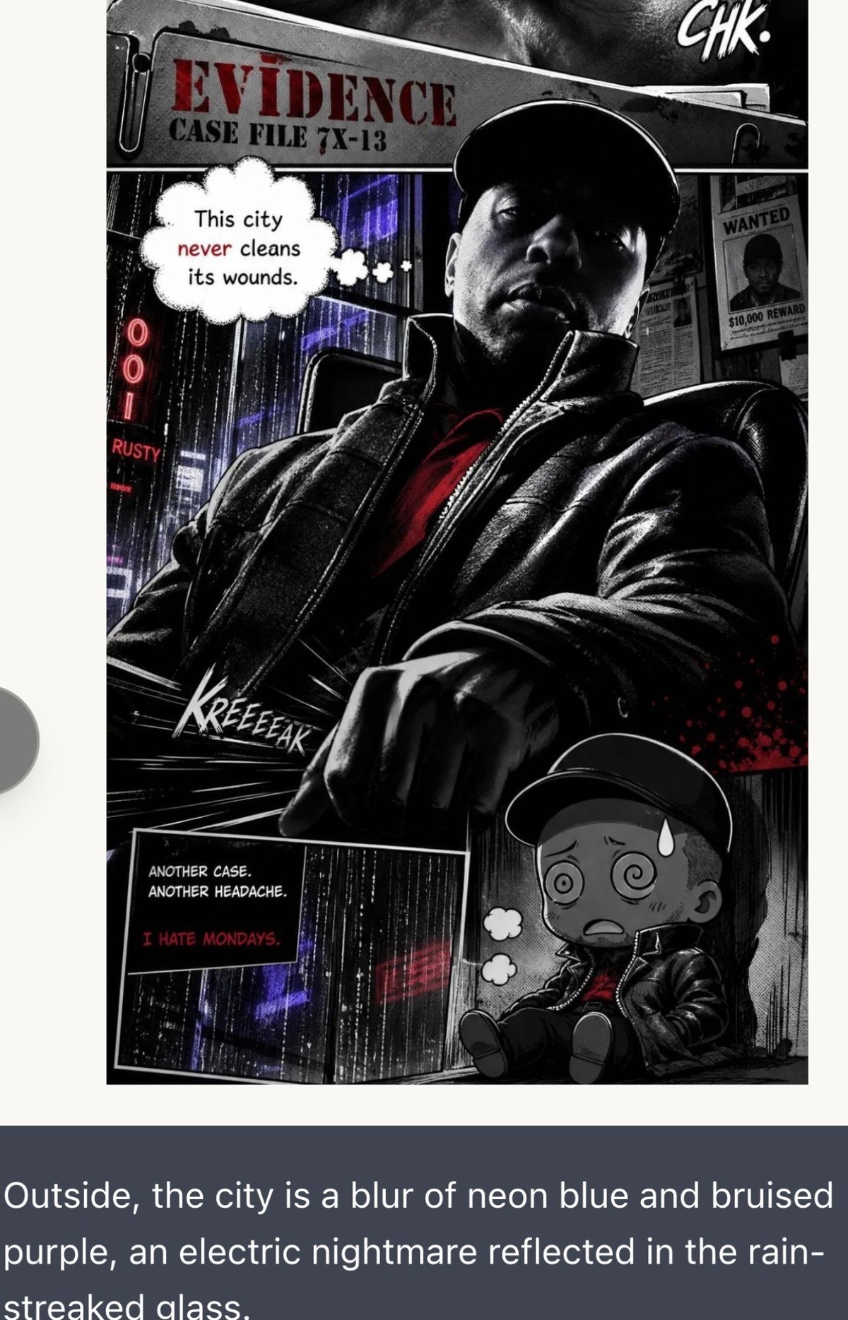 Film noir-style comic panel showing a man in dark jacket and cap with speech bubble saying This city never cleans its wounds against neon cityscape