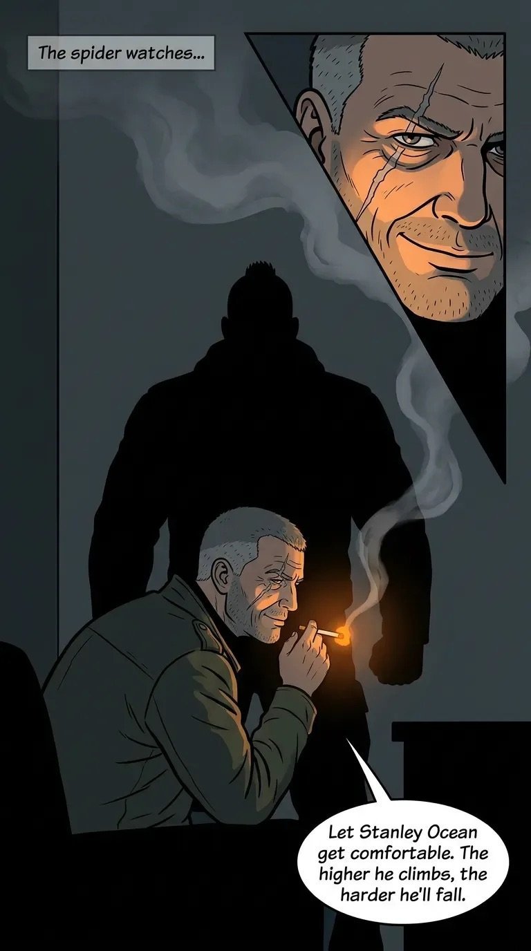 Comic panel showing an older man smoking while a shadowy silhouette and large face loom menacingly behind him with text about Stanley Ocean