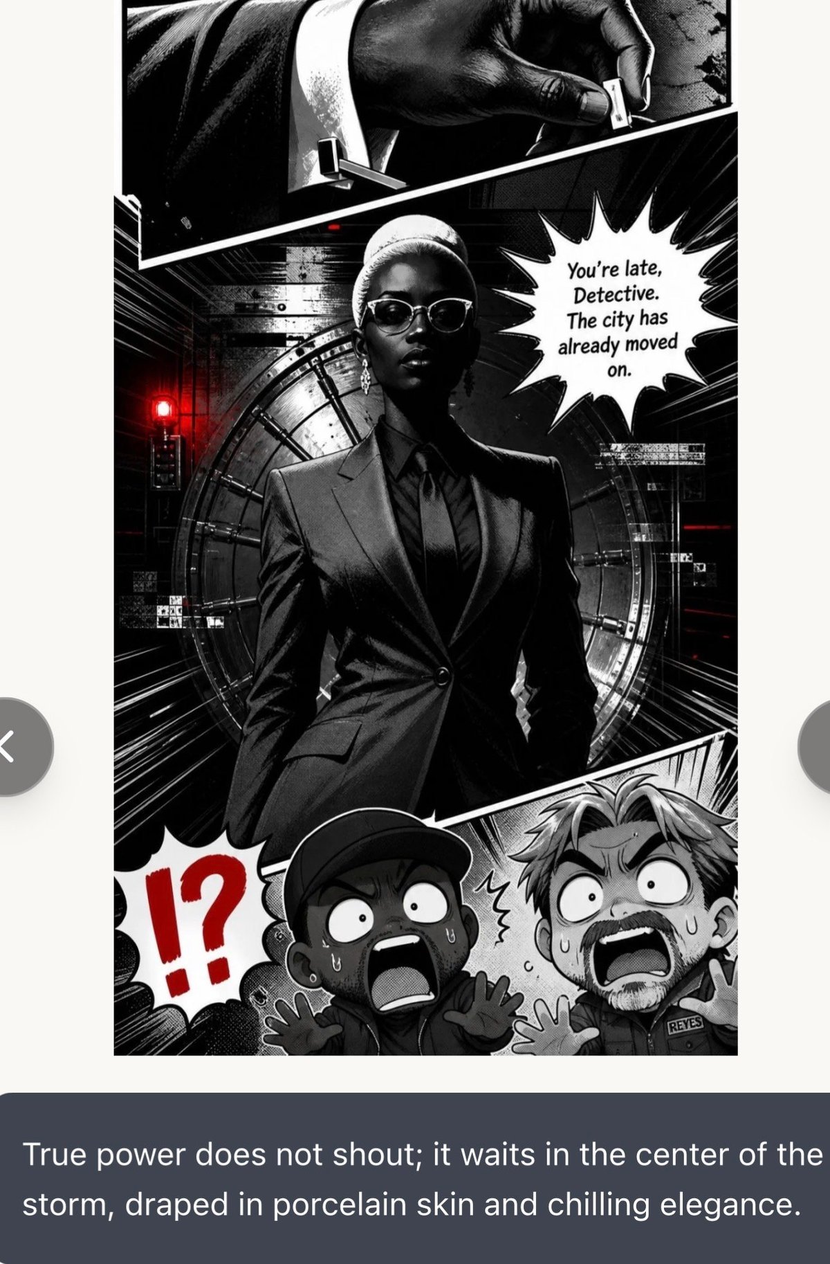Black and white comic panel of a detective in sunglasses and suit confronting shocked characters, with dialogue bubble saying the city has moved on