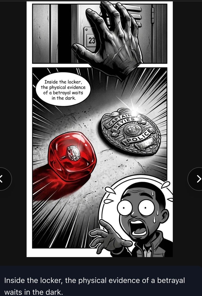 Black and white manga panel showing a shocked character discovering a police badge and red sphere inside locker 23, depicting evidence of betrayal