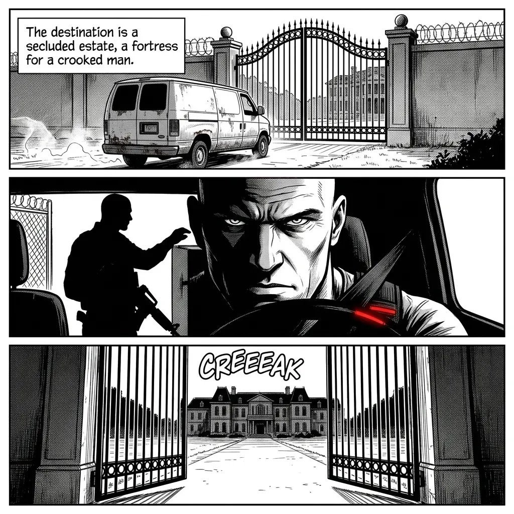 Black and white comic panel showing a van outside a gated fortress estate, a menacing mans face, and ornate gates opening to a mansion with CREEAK sound effect