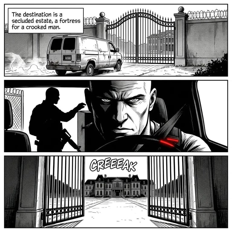 Black and white comic panel showing a van outside a gated fortress estate, a menacing mans face, and ornate gates opening to a mansion with CREEAK sound effect