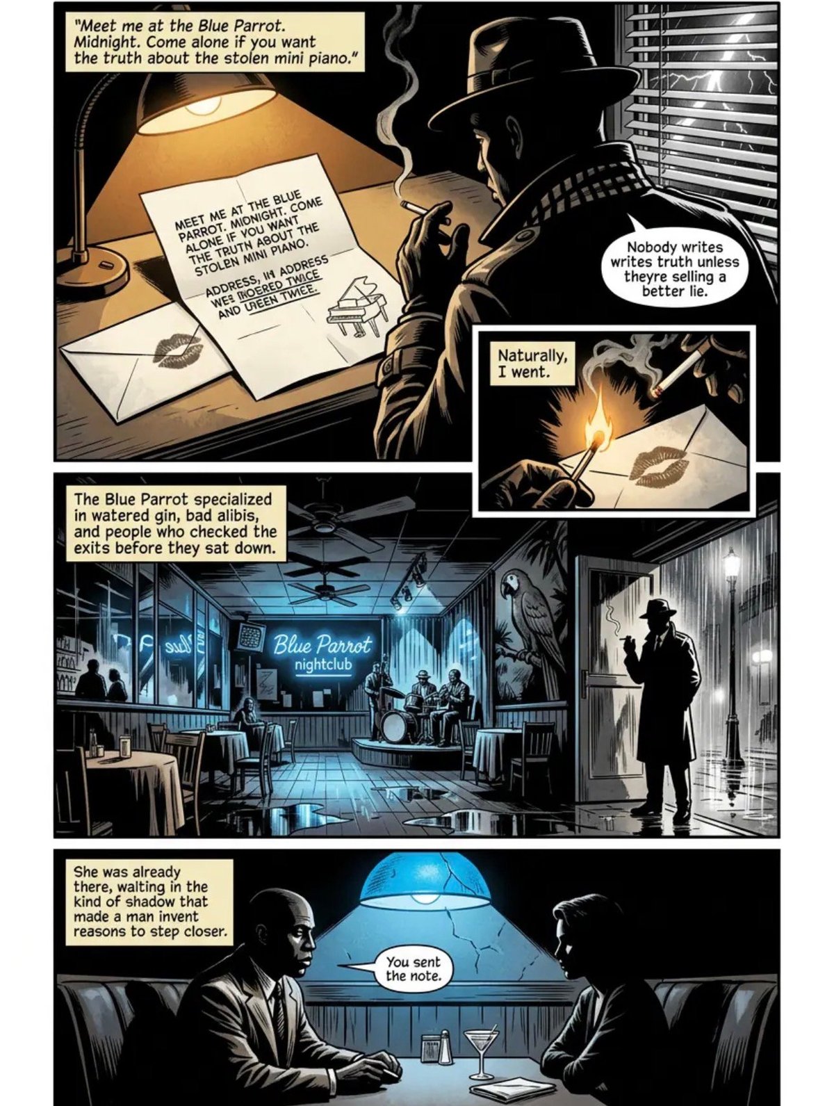Film noir comic strip showing a mysterious meeting at The Blue Parrot bar involving a stolen mini piano