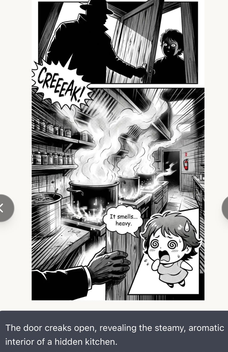 Black and white manga panel showing a creaking door revealing a steamy kitchen with a shocked characters face and a mysterious figure silhouetted in the doorway above