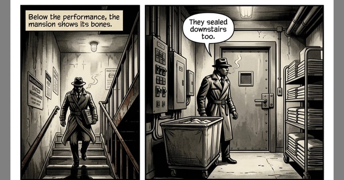 Two-panel noir comic showing a figure on stairs in the left panel, and a figure with a crate in a hallway on the right with dialogue saying They sealed downstairs