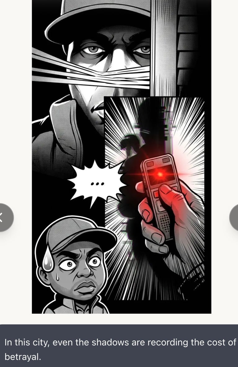 Black and white manga-style comic panel showing a menacing figure in a cap holding a glowing red phone, with a smaller character below