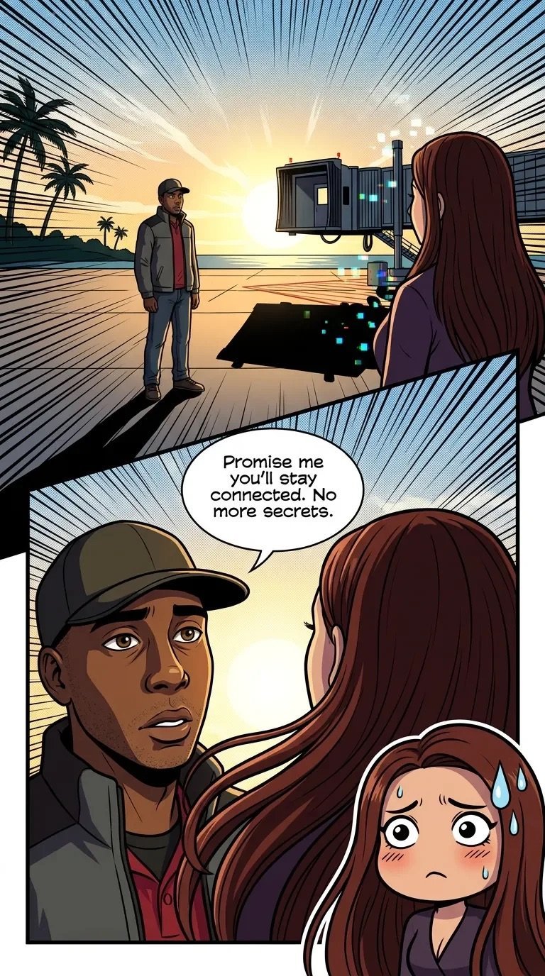 Comic panel showing a man in a cap asking a woman to promise shell stay connected with no more secrets, with a surveillance camera in the background