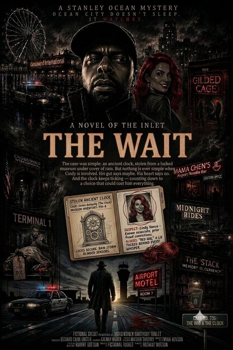 Movie poster for The Wait, a Stanley Ocean mystery set in Ocean City. Features shadowy figures, a Ferris wheel, and noir-style imagery with text about a stolen clock and suspect.