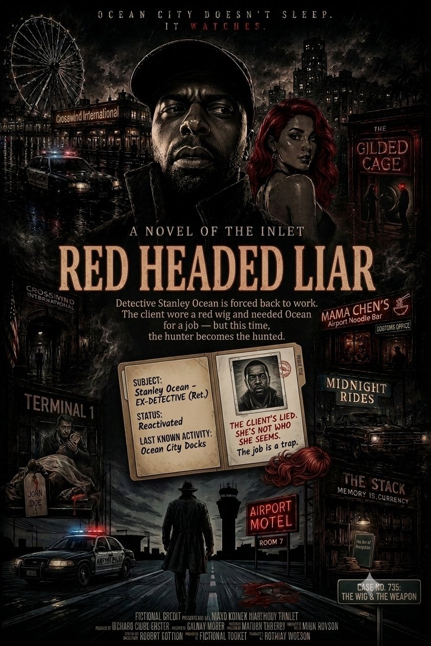 Movie poster for Red Headed Liar featuring a man in dark clothing, a red-haired woman, and a noir cityscape with neon signs and police cars at night.