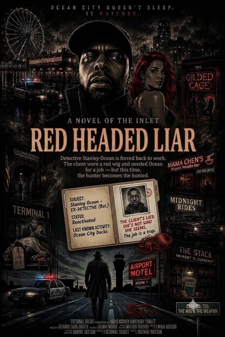 Movie poster for Red Headed Liar featuring a man in dark clothing, a red-haired woman, and a noir cityscape with neon signs and police cars at night.
