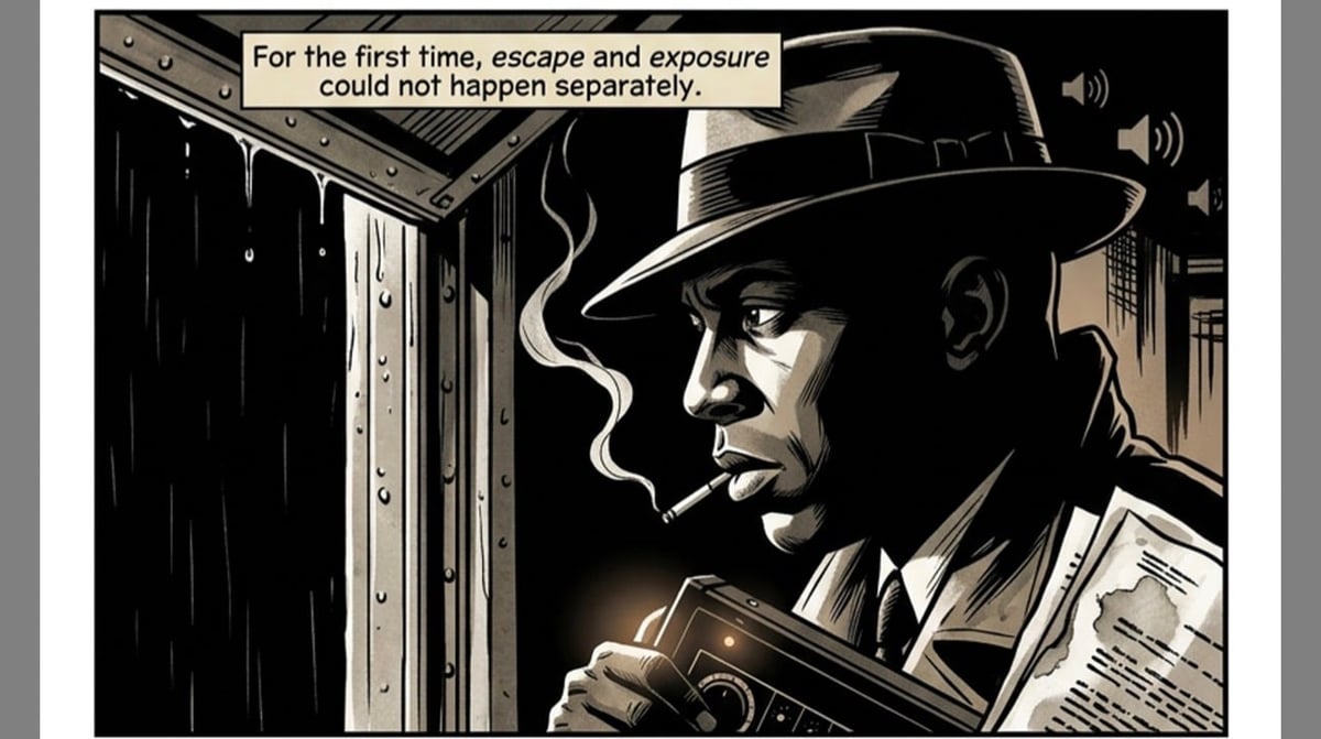 Film noir illustration of a man in fedora holding a camera with text about escape and exposure