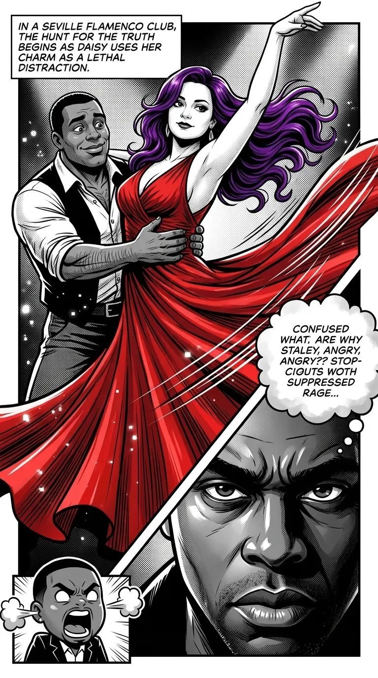 Comic panel showing a man and woman dancing in a Seville flambco club, with a woman in a red dress and an angry mans face below