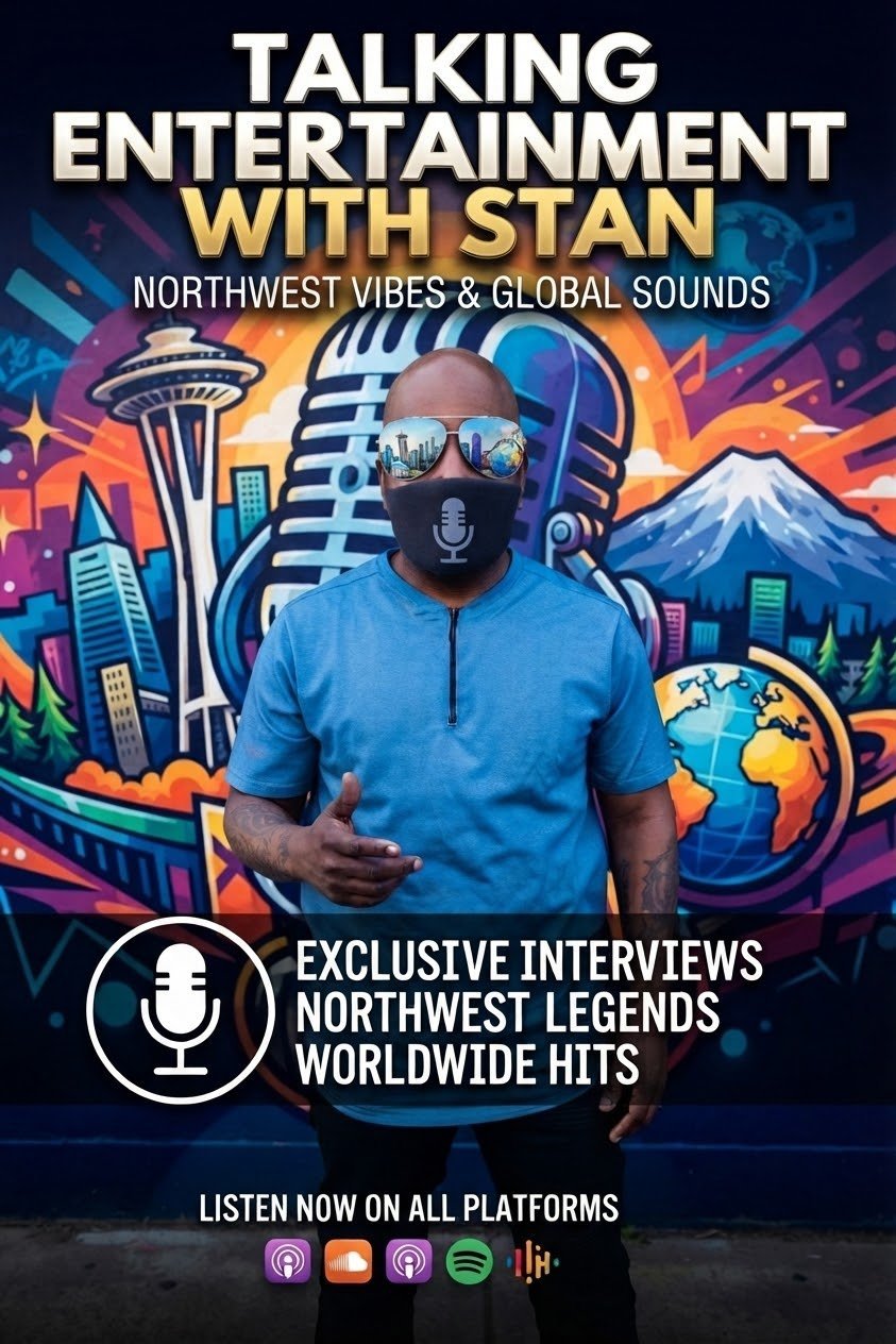 Podcast promotional poster featuring Stan in a blue shirt wearing sunglasses against a colorful Seattle skyline backdrop advertising Talking Entertainment show