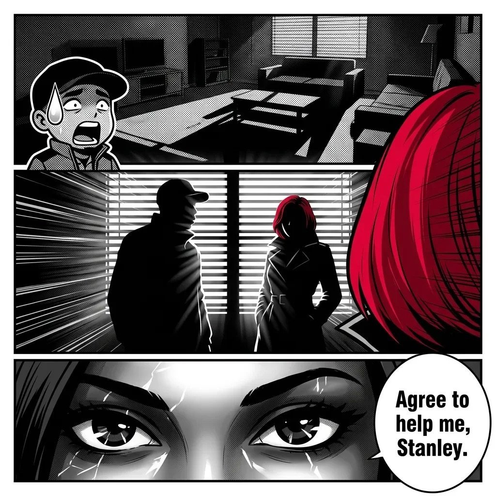 Black and white manga-style comic panel showing two silhouetted figures facing a large red object, with a close-up of determined eyes and speech bubble saying Agree to help me, Stanley.