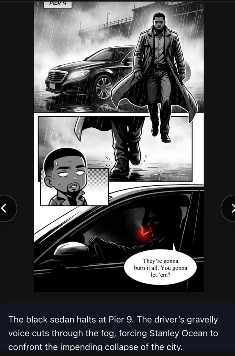 Black and white comic panel showing a man in a leather coat standing beside a luxury sedan at a pier in the rain, with a dialogue bubble saying Theyre gonna burn it all. You gonna let em?