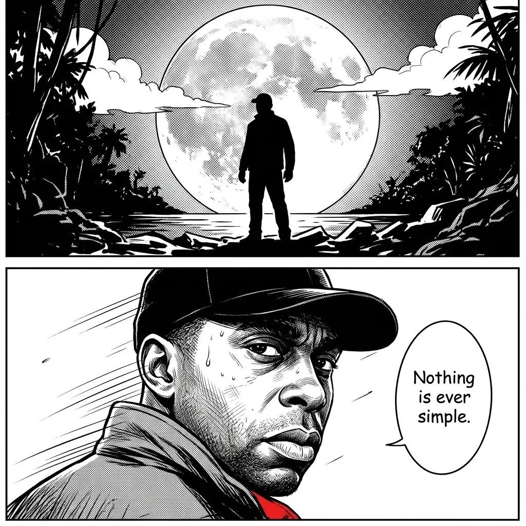 Black and white comic panels: silhouette of man standing before full moon, below shows close-up of man in cap with dialogue Nothing is ever simple