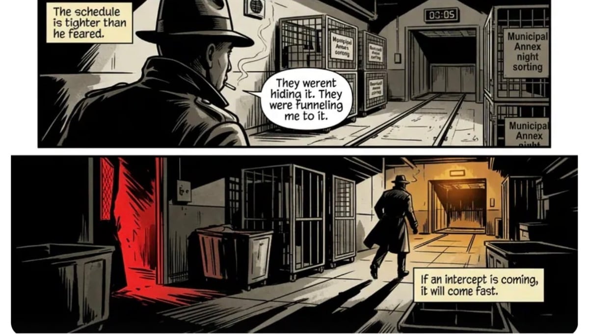 Black and white comic panel showing a detective in noir style following a suspect through a dark corridor with red warning light.