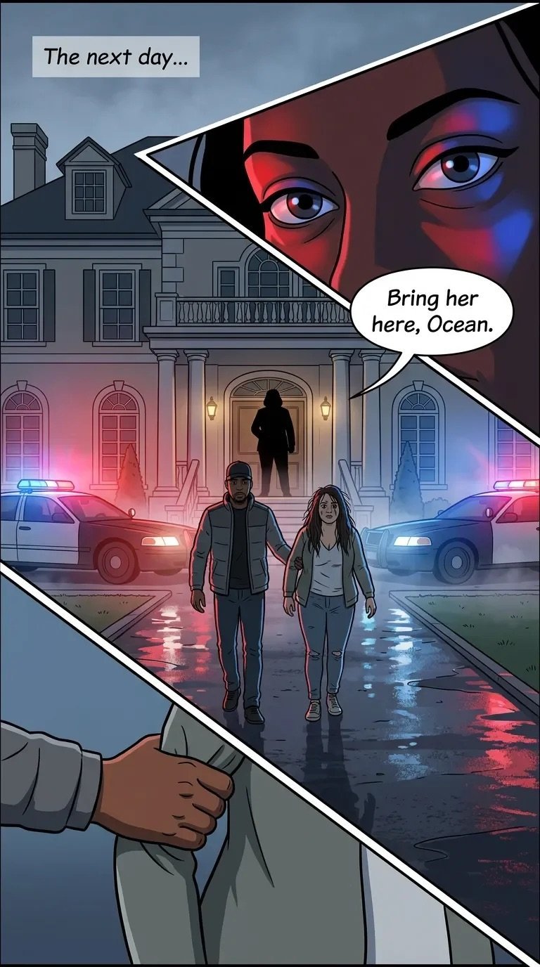 Comic panel showing two figures walking toward a house at night with police cars and a mysterious masked character giving orders above