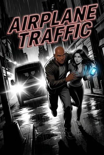 Movie poster for Airplane Traffic featuring two characters running through a city street with neon pink title text