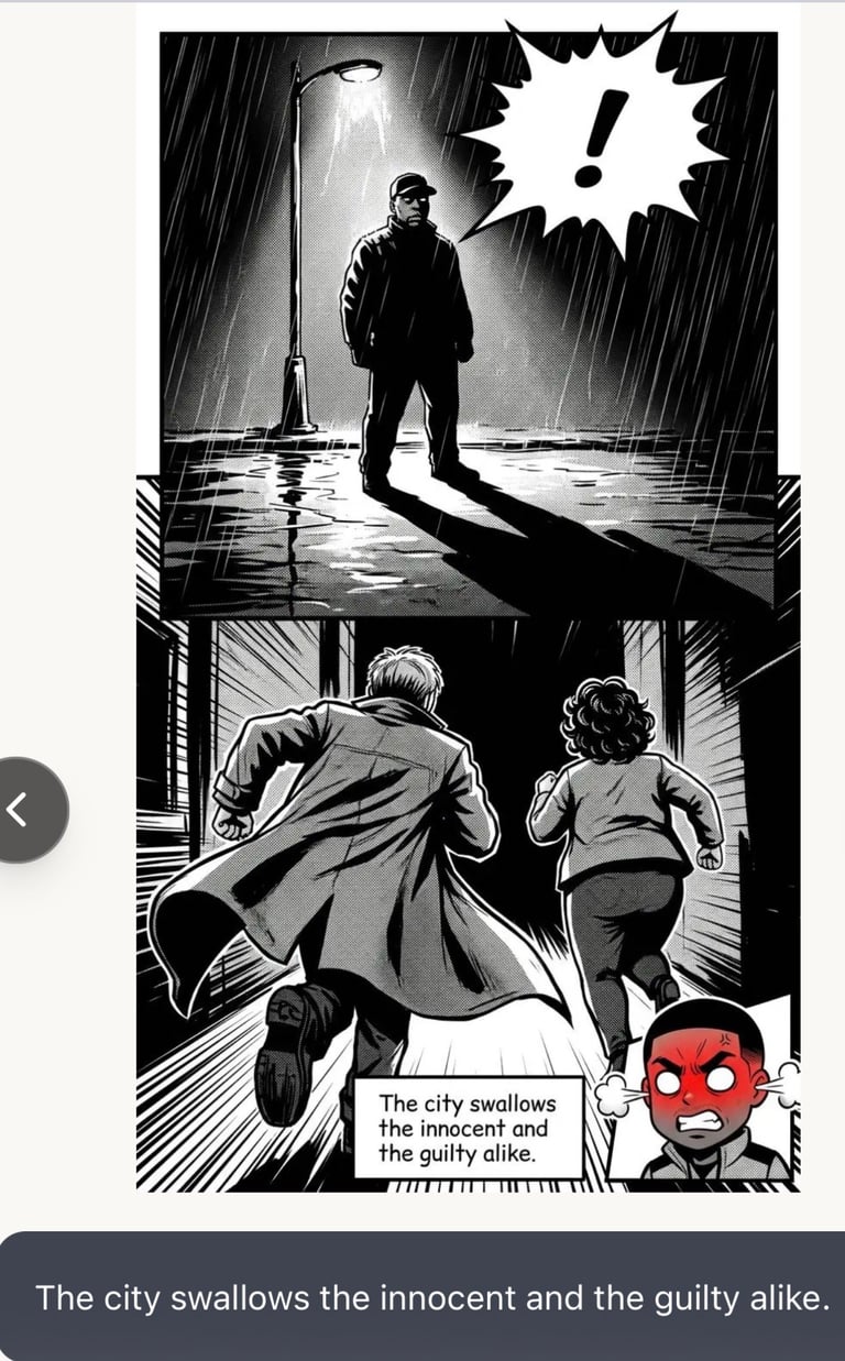 Black and white comic panel showing a figure under a streetlight and two people running below with text about the city swallowing the innocent and guilty.