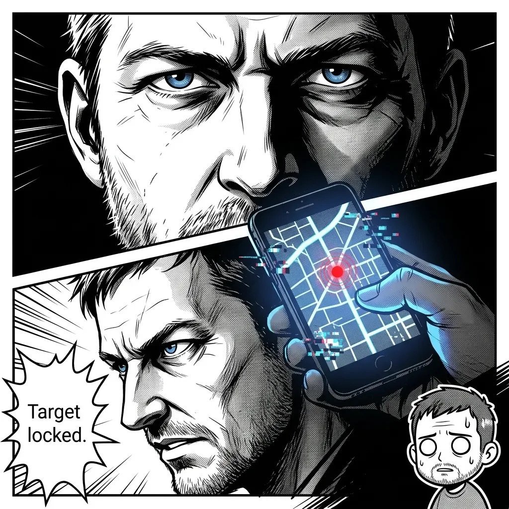 Manga-style illustration of two men with intense expressions, one holding a smartphone displaying a map with a target marker and red dot indicating target locked.