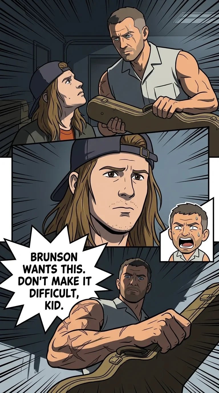 Comic panel scene showing characters passing a rifle with dialogue about Brunson, drawn in action movie style with dramatic speed lines