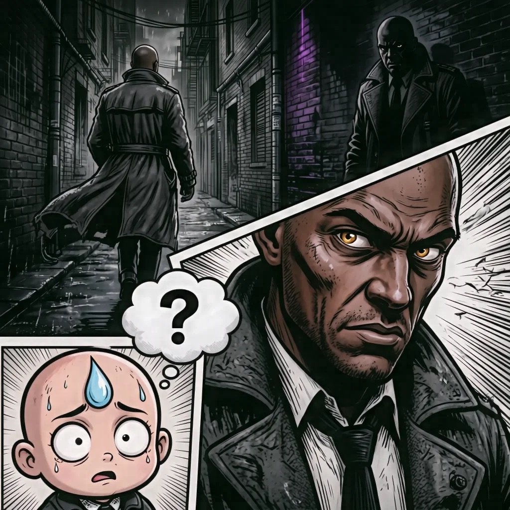 Comic book style illustration of a stern man confronting a worried bald child, with shadowy figures in an urban alley background