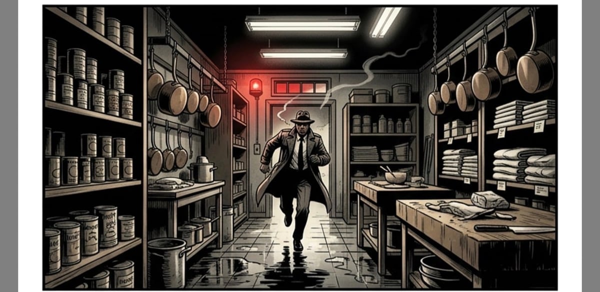 Man in suit running through an industrial kitchen or storage facility lined with shelves, pots, and cookware