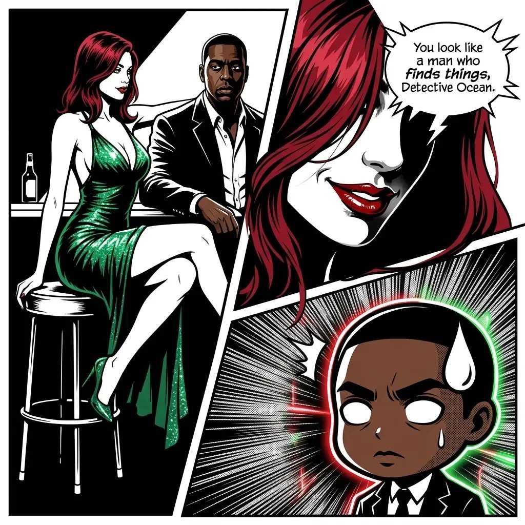 Comic panel showing a woman in a green dress at a bar, a man in a suit, and a close-up of an angry mans face with dialogue about resembling Fiona Shrek.